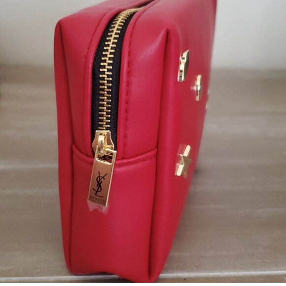 Yves Saint Laurent YSL Beaute Red Leather Embellished Cosmetic Pouch Travel Bag - Picture 6 of 11